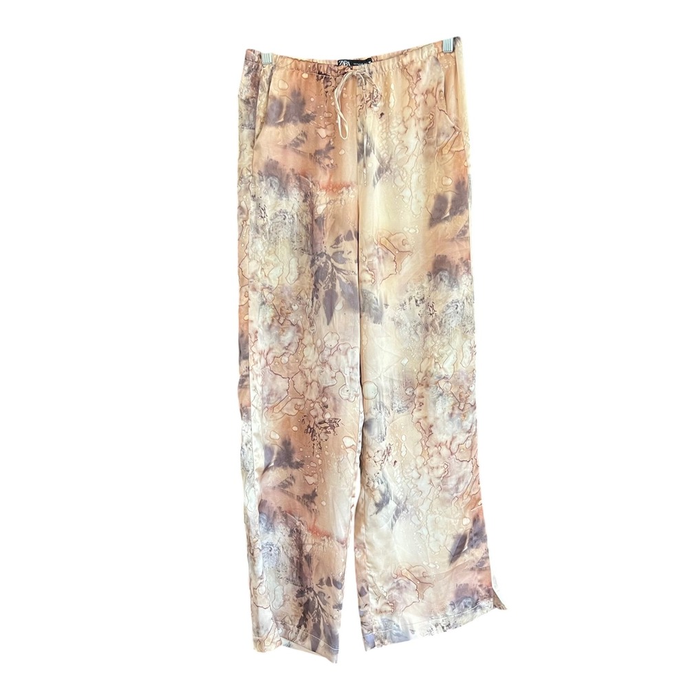 Zara Abstract Tie Dye Wide Leg Satin Trousers Tan Brown M 6929/504/121